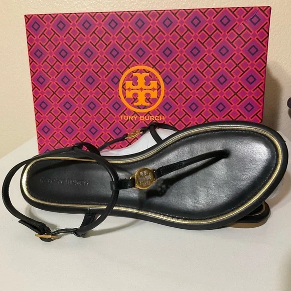 TORY BURCH Emmy T-strap Flat Sandals dust bag Black 1/2